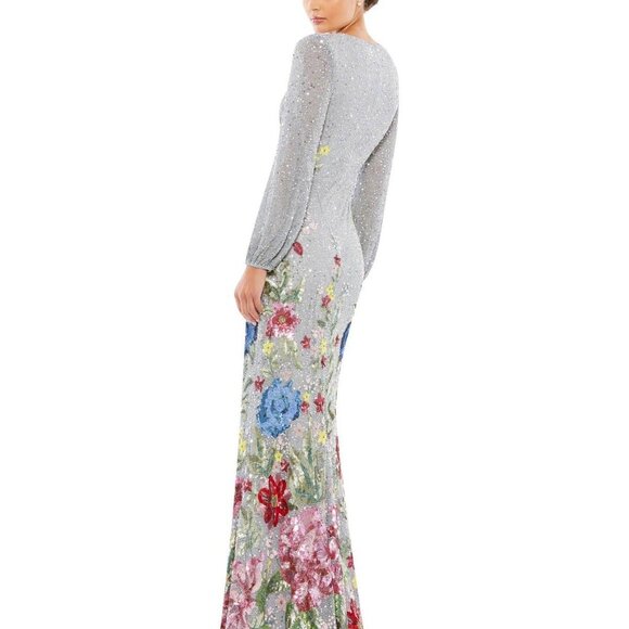 Mac Duggal Size 4 Gray 5542 Floral Sequin Beaded Maxi Formal Gown Dress - Picture 3 of 12